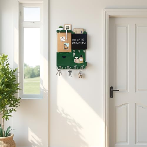 Key Holder Wall Mount， Mail Organizer Key Holder for Wall with Shelf, Drawer, Chalkboard, Corkboard, Home Decor Wall Mounted for Room Entryway (Green) - color: Dark Green, size: Vertical