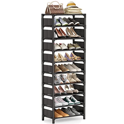 Shoe Rack - 10 Tiers Shoe Organizer with Detachable Fabric Shelves & Metal Frame, Up to 20-25 Pairs Narrow Tall Shoe Rack for Closet, Entryway, 17.7" x 11.0" x 63" - color: Black-11"d X 17.7"w