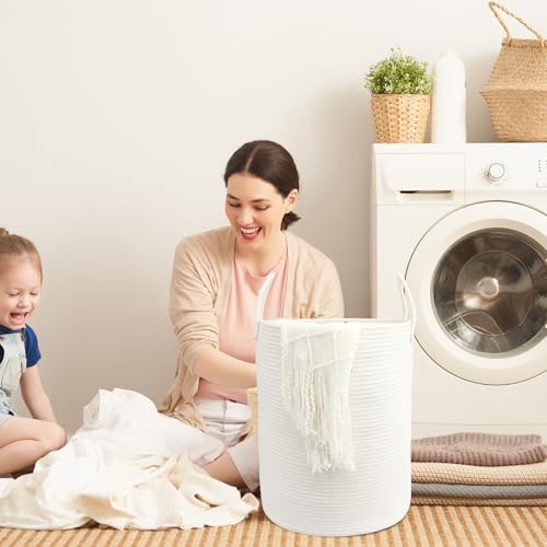 Woven Cotton Rope Laundry basket-15”X20” Laundry Hamper-Rope Storage Basket for Dirty Clothes, Toys and Blankets Perfect for Bathroom, Baby nursery and Living Room Storage (white) - color: white, size: regular