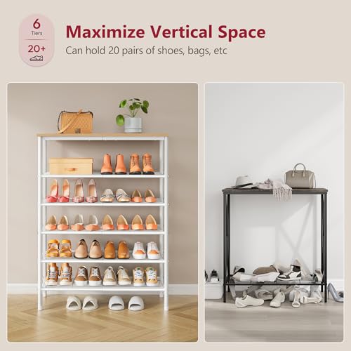 Tajsoon 6 Tier Shoe Rack Organizer for 20-24 Pairs of Shoes, Metal Mesh Shoe Shelf for Closet, Industrial Shoe Rack for Entryway Shoe Storage with X Shape Fixed Frame, White & Log - color: White & Log, size: 6-Tier