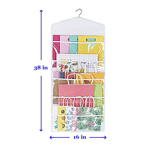 ProPik Hanging Double Sided Gift Bag Storage Organizer with Multiple Front and Back Pockets - Organize Your Gift Wrap, Tissue Paper, and Paper Bags 38 x 16 Inch PVC (White) - color: White