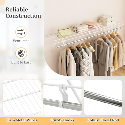 Giantex Closet Shelf with Hanging Rod, 6 ft Wall Mounted Wire Shelving Kit with Storage Shelf & Clothes Rod, Ventilated Metal Wall Shelf Organizer for Laundry Room, Closet, Bedroom, White - size: 6 ft