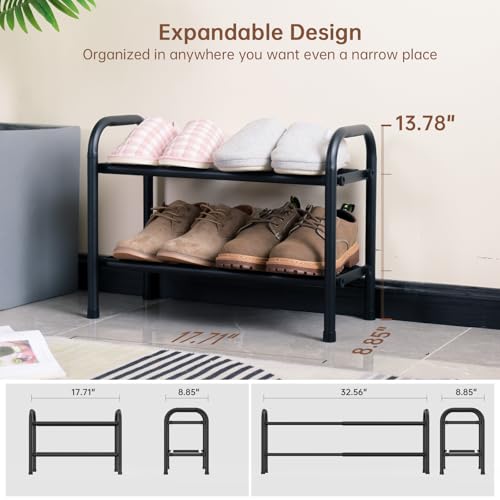 Gonfoam 2-Tier Expandable Shoe Rack,Adjustable Shoe Shelf Storage Organizer Heavy Duty Metal Free Standing Shoe Rack for Entryway Closet Doorway (Black) - color: Black, size: 2 Tier