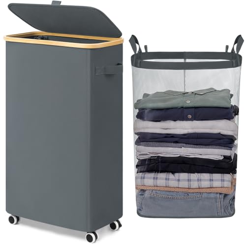 Goodpick Slim Laundry Basket with Wheels and Lid, 75L Rolling Dirty Clothes Hamper for Dorm Bathroom, Large Laundry Hamper with Bamboo Frame Removable Bag, 17" x 9.8" x 29.5", Gray - color: Gray, size: 75L (17"L x 9.8"W x 29.5"H)