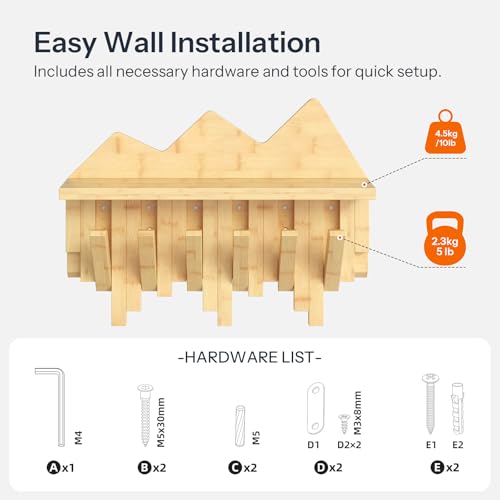 HOOBRO Wall Hooks with Shelf, Coat Rack with Shelf Wall-Mounted, Entryway Wall Key Holder, Hat Rack for Walls, Purse Hanger for Wall, Entryway Hanging Shelf with 6 Retractable Pegs, Natural YL46YM01 - color: Natural