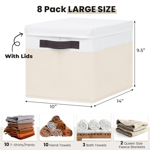 Large Closet Organizer Bins with Lids 8 Pack - Nursery Storage Baskets for Shelves Bedroom Dorm - Stackable RV Closet Organization Cubes Box with Handles for Clothes Purse Blanket Towel Magazine - color: White with Beige, size: 8pcs-Large