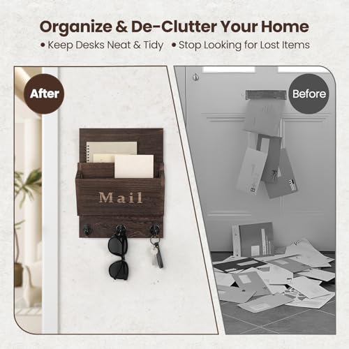 Mail and Key Holder - Decorative 9.8" x 12.5" Wall Key Hanger with 2 Mail Organizer Slots and 3 Hooks - Real Paulownia Wood with Keyhole Brackets, Hardware and Instructions (Brown) - color: Brown