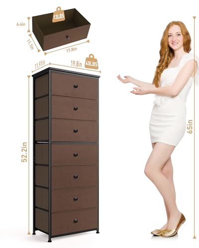 Mifuro Tall Fabric Dresser for Bedroom, Vertical Storage Organizer Tower with 7 Drawers, Chest of Drawers with Bins, Steel Frame, Wood Top for Bedroom, Closet, Entryway Grey - color: Brown, size: 7 Large Drawers