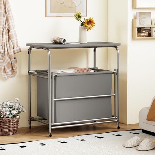 Giantex Laundry Sorter with Foldable Ironing Board, 3 Section Tilt Out Laundry Hamper with Removable Bags, Heavy-Duty Rolling Laundry Cart with Lockable Wheels for Bathroom Bedroom, Grey