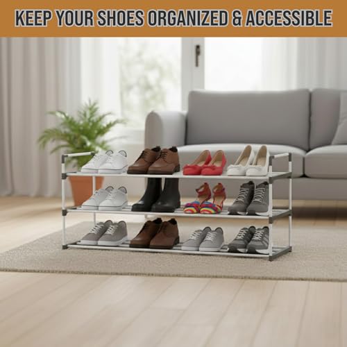 Home-Complete Shoe Rack – 3-Tier Shoe Organizer for Closet, Bathroom, Entryway – Shelf Holds 15 Pairs of Sneakers, Heels, and Boots (White) - color: White, size: 3-Tier