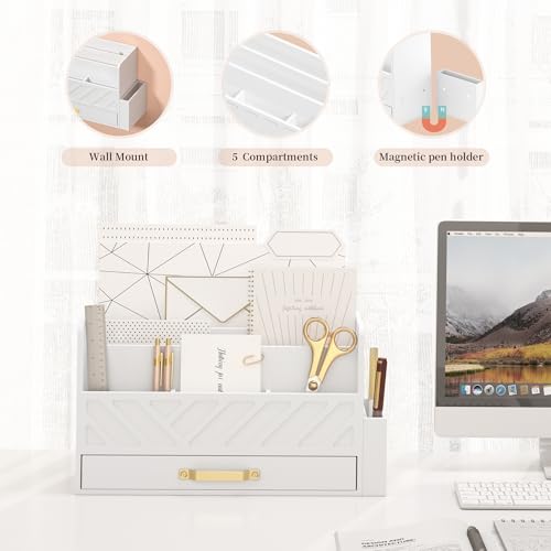 WISUCART Bamboo Desk Organizer Mail Holder Countertop Wood Desk Drawer Tabletop Storage Box Pen Holder Letter Sorter Makeup Organizer for School Home Office Supplies with Pen Holder White - color: White with Pen Holder