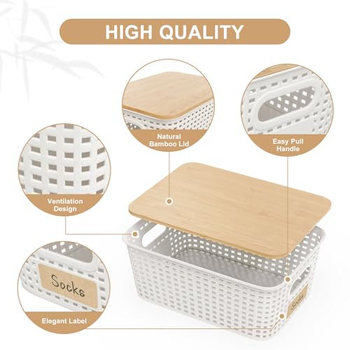 6Pcs Storage Bins with Lids, Stackable Plastic Storage Basket with Bamboo Lid, Pantry Organizer Box Small Containers for Organizing Shelves Drawer Desktop Closet Cabinet Office Classroom 10x7.1x4.1in - color: Cream White