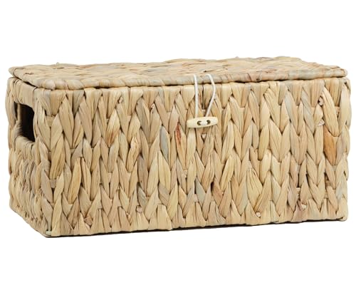 Water Hyacinth Baskets for Organizing, Rectangular Wicker Basket with Lid, Storage Baskets Bins with Built-in Handles for Shelf, Decorative Woven Basket Boxes for Storage Home Organizer Decor - size: 12.2" x 7.8" x 6"