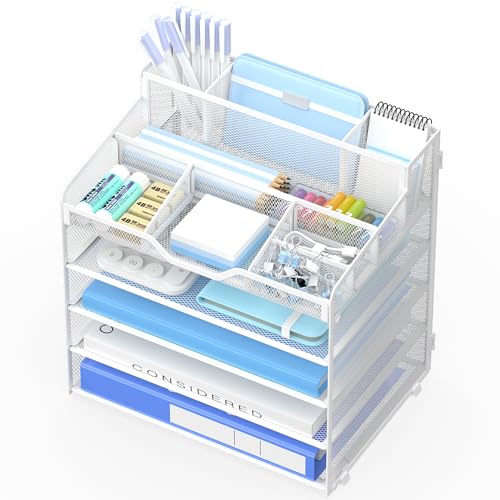 5 Tier Mesh Desk Organizer,Multi Functional Letter Paper Tray with 3 Pen Holders and 5 Adjustable Storage Compartments for Office Supplies Files and Mail Space Saving Desktop Organizer-White - color: 5 Tier-white