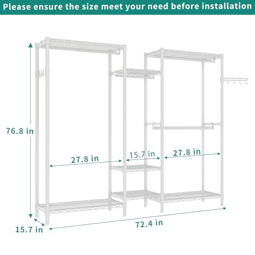 Heavy Duty Garment Rack, Portable Wardrobe Clothes Rack Freestanding Adjustable Clothing Rack with 7 Tiers Adjustable Wire Shelving and 4 Hanger Rods, Max Load 920LBS, White - color: White, size: B3: 5 Tiers with 4 Rods,72.4"L x 15.7"W x 76.8"H