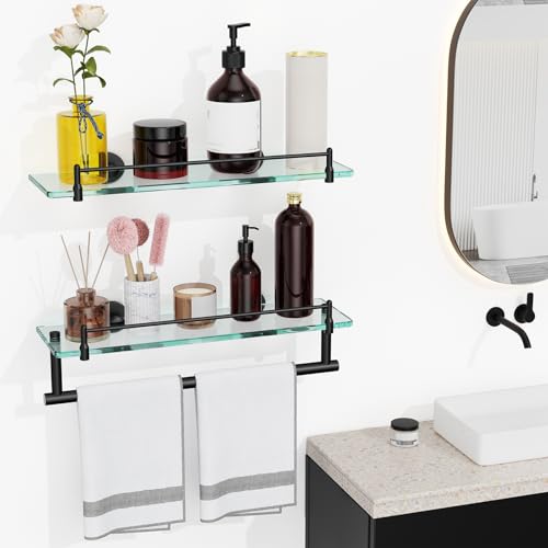 Glass Bathroom Shelves,Matte Black Floating Shelves for Wall Rectangular Modern Stainless Steel Glass Shelf for Bathroom Shelves Wall Mounted 16 Inch - color: Matte Black, size: 16"with railing