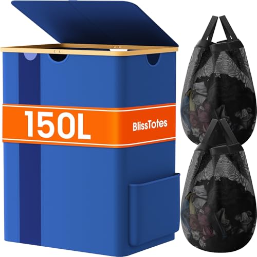 BlissTotes Laundry Basket with Lid, 150L Clothes Laundry Hamper with Handles and 2 Removable Laundry Bag, Breathable Design Hamper with Lid for Bedroom, Bathroom, Dorm, Laundry Room - Blue - color: Blue, size: 150L