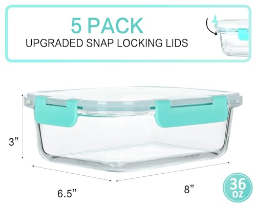 [5-Packs, 36 Oz.] Glass Meal Prep Containers with Locking Lids Glass Food Containers,Airtight Lunch Container,Microwave, Oven, Freezer and Dishwasher (4.5 Cup, Green) - color: Green