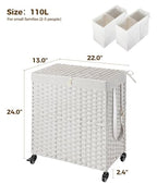 Greenstell Laundry Hamper with Wheels, No Install Needed, 110L Divided Handwoven Hampers & 2 Removable Liner Bags, Rattan Clothes Laundry Basket with Lid & Handles, Foldable Hampers White - color: White, size: 110L: 22.0x13.5x26.4 Inches