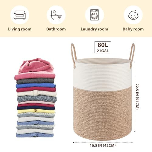 OIAHOMY Large Laundry Basket Hamper - 80L Cotton Rope Woven Basket for Blankets, Toys, Clothes - Tall Decorative Nursery Hamper with Long Handles, Brown/White - color: Brown/White, size: 80L