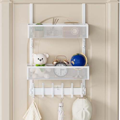 Over The Door Hooks Organizer, Over Door Storage with 12 Coat Hooks and 2 Mesh Basket, Bathroom Door Organizer Towel Rack Back of Door Hanger Organizer for Bedroom, Kitchen(White) - color: White, size: 2 Baskets