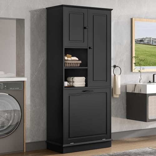 Virubi Tall Laundry Cabinet with Tilt Out Hamper, Wood Tall Laundry Room Cabinets with Doors, and Adjustable Shelves, for Bathroom Storage Organization, Freestanding, Black - color: Black, size: 29.9"x14.2"x67.7"