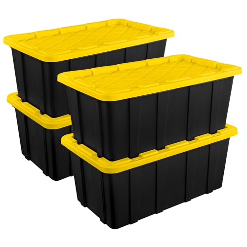 Sterilite 4-Pack Industrial Tote, Plastic Storage Container Bins with Lids, 38 Gallon - Heavy-Duty Organizing Containers for Closet, Bathroom, and Office - size: 38 Gallon - Black/Yellow