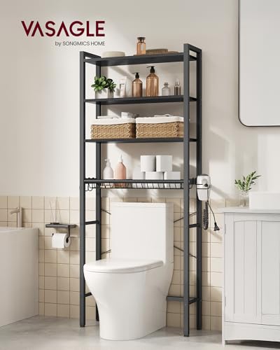 VASAGLE Over the Toilet Storage, Over Toilet Bathroom Organizer with Adjustable Shelves and Basket, 3 Hooks, Space Saving, 9.4 x 23.6 x 68.1 Inches, Ebony Black UBTS114BE01S - color: Ebony Black, style: 4 Tiers (68.1" H)