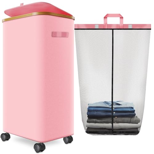Laundry Hamper with Wheels,29 Gal (110L) Laundry Basket with lid Rolling Clothes Hamper Foldable Dirty Clothes Basket on wheels with Bamboo Frame and Bag for Bedroom, Dorm, Laundry Room-Pink - color: Pink, size: 110 L
