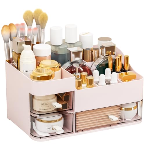 SuoXing Pink Makeup Organizer for Vanity,Large Plastic Skincare Organizers With Drawers,Bathroom Counter Organizer Cosmetic Storage for Dresser Top Skin Care,Lotion,Beauty Products and Brush Holder - color: Pink