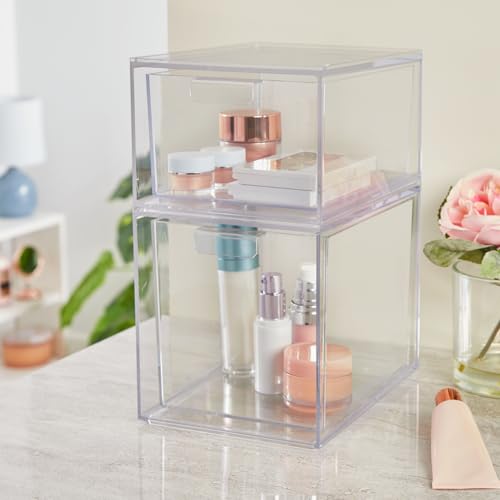 STORi Audrey Stackable Clear Bin Plastic Organizer Drawers | 2 Piece Set | Organize Cosmetics and Beauty Supplies on a Vanity | Made in USA - size: 4.5" and 6.75" Tall Set