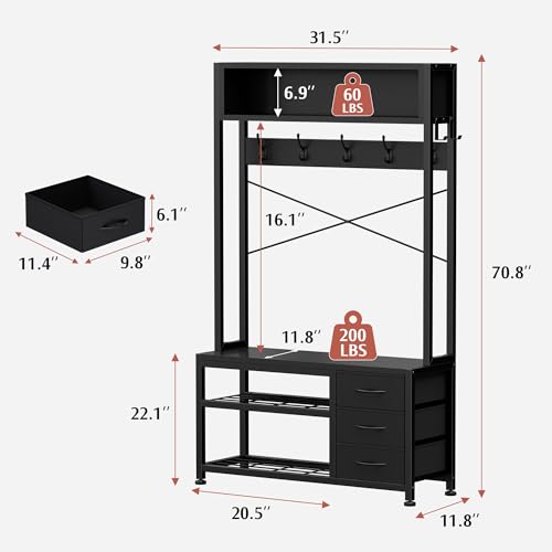 Lulive Hall Tree with Bench and Shoe Storage, 31.5" Coat Rack Freestanding with 2-Tier Storage Shelf, 6-in-1 Entryway Bench Coat Rack with 12 Hooks and 3 Drawers(Black) - color: Black