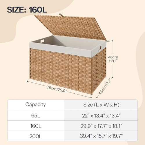 HOOBRO Storage Basket with Lid, 42.3 Gallon (160L) Wicker Basket, Handwoven Blanket Storage Basket with Handles, Metal Frame and Soft Lining, Foldable for Bedroom, Laundry Room, Natural NL216CW01 - color: Natural, size: 29.9"L x 17.7"W x 18.1"H