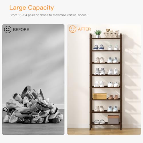 usikey 8 Tiers Narrow Shoe Rack 16-24 Pairs, Sturdy Metal Tall Shoe Rack with 4 Hooks, Slim Shoe Storage Organizer with Metal Shelf, Space Saving Vertical Shoe Shelf for Entryway BronzeUNYXJX016A - color: 8 Tier ( 17.9 X 11 X 55.5 Inches)-bronze