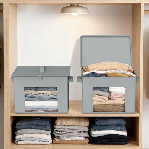 Zilink Fabric Storage Bins with Lid 4-Pack Stackable Closet Storage Bins Sweater Organizer with Zipper & Clear Window Closet Organizers and Storage Box for Home, Bedroom (Light Grey,17" x 12" x 12") - color: Light Grey