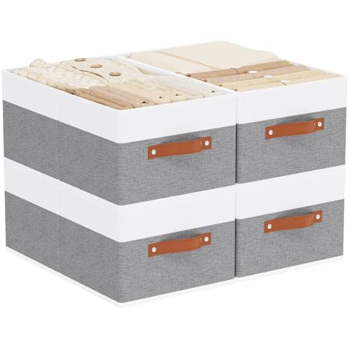 Storage Basket for Shelves, Closet Bin with Handles, 18.5×11×7.9inch Open Foldable Baskets, Fabric Containers Clothes Boxes for Organizing, White and Grey, 4-Pack - color: White/Grey, size: Jumbo -4 Pack