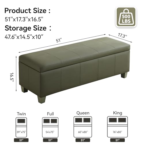 WUTUTUEE 51" Faux Leather Storage Ottoman, Stitch Tufted Rectangle Upholstered End of Bed Storage Bench, Entryway Large Couch Ottoman with Wooden Legs,Green - color: Green, size: 51 Inch