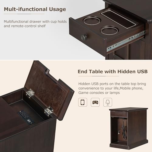 Multifunctional Classic Vintage End Table with USB Ports and 1 Drawer with Cup Holders, Sofa Side Narrow Table, Bedside Nightstand for Living Room Bedroom (Antique Espresso) - color: Antique Espresso