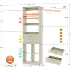 Besiost Closet System, 4-8 FT Closet Organizer Tower with 2 Wooden Drawers and Shelves, Can Fit 60 to 96 inch Walk-in Closet System with 5 Hang Rods, Built-in, Greige Oak - color: Greige Oak