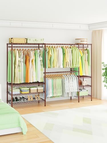 Ulif E11 Heavy-Duty Garment Rack, Metal Freestanding Clothes Rack and Closet Storage Organizer System with 8 Shelves and 4 Hanger Rods, (73.2-97.6)" W x 14.5" D x 71.2" H, Load 1034 LBS, Bronze - color: Bronze