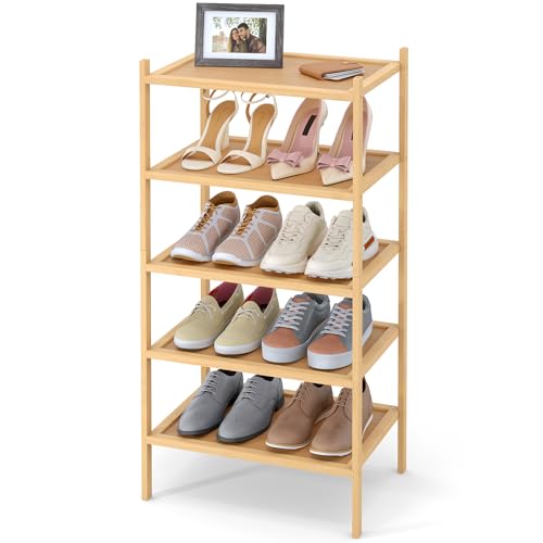 Smiry Bamboo Small Shoe Rack, 5 Tier Shoe Organizer for Entryway & Closet, Stackable Free Standing Storage Shelf for Shoes, Bags & Plants, Natural - color: Natural, size: 5 Tier - Small
