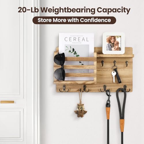 Nekon Mail Holder for Wall Mail Organizer with Key Hooks Hallway Farmhouse Decor Storage Racks with Floating Shelf and Flush Mount Hardware (16.8Inch x 10Inch x 3.2Inch) (Wood) - color: Wood