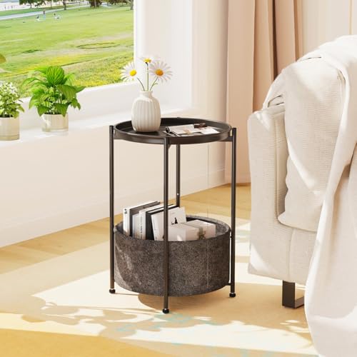 Garden 4 you Small Side Table, Mini Round End Table, Tray Table with Fabric Storage Basket, Modern Nightstand for Living Room, Bedroom, Patio, Small Space, Black - color: Black With Basket, size: 1 PCS