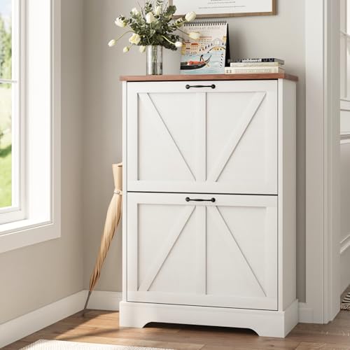 Smart FENDEE Shoe Cabinet, Shoe Storage Cabinet for Entryway with 2 Flip Drawers, Narrow Farmhouse Shoe Organizer Cabinet, Slim Shoe Rack Cabinet, White - color: White, size: Width - 23.6 inches