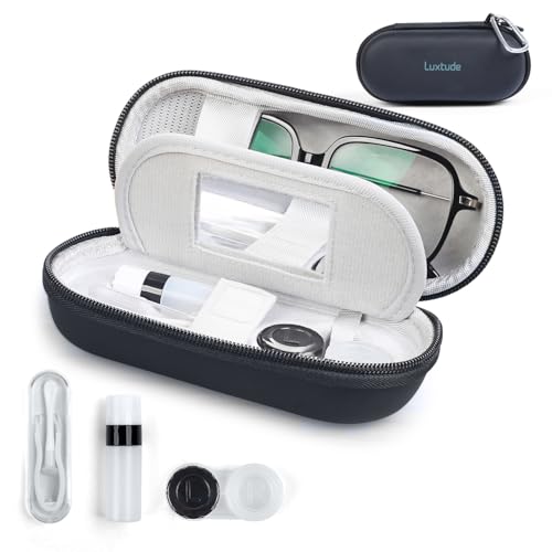 Luxtude Contact Lens Case, Cute Glasses and Contact Case 2 in 1, Built-in Mirror & Tweezers & Contact Lense Solution Bottle, Double Layer Travel Contacts Cases for Well Protection, Black - color: Black