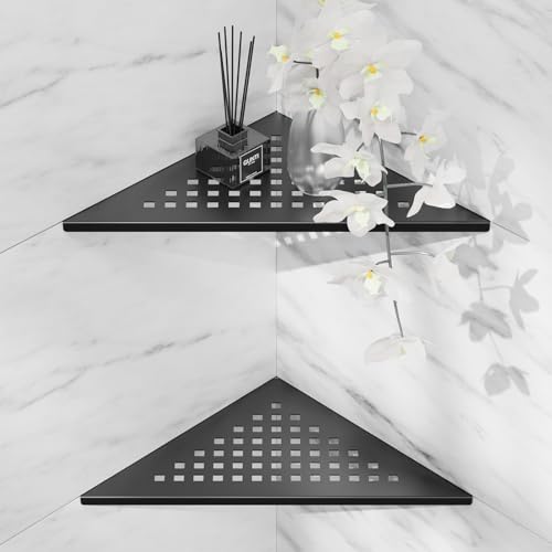 lives Corner Shower Shelf 10" Slot Design Recessed Matte Black Shower Shelves for Tiled Wall, 304 Stainless Steel Corner Shelves for Bathroom, 2 Pack (Square) - color: Black-square Pattern, size: Triangle-2pcs