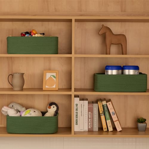 MiniArk Large Shallow Organizing Baskets 15x11x5.1 Inches - Rope Woven Storage Bins for Bathroom, Shelves, Cube Closet, Green 2 Packs - color: Green, size: 2pcs-L15×W11×H5.1"