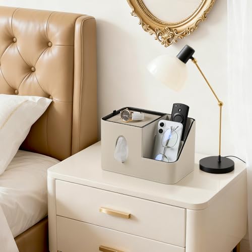 PU Leather Square Tissue Box Cover with Magnetic Closure, Tissue Holder with Storage Tray & Remote Control Organizer, for Nightstand, Living Room, Bathroom, Office Desk (Beige) - color: Beige