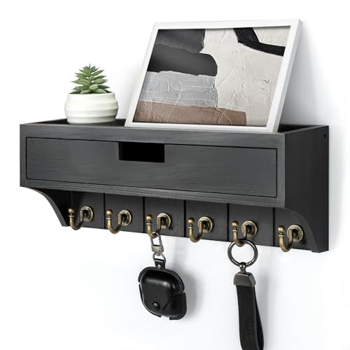 Rebee Vision Decorative Pine Wood Key Holder Wall Mount with Drawer Organizer – Modern Mail Organizer with 6 Key Hooks and Storage Drawer – Home Decor for Apartment Essentials (Black) - color: Black, style: 1-Drawer