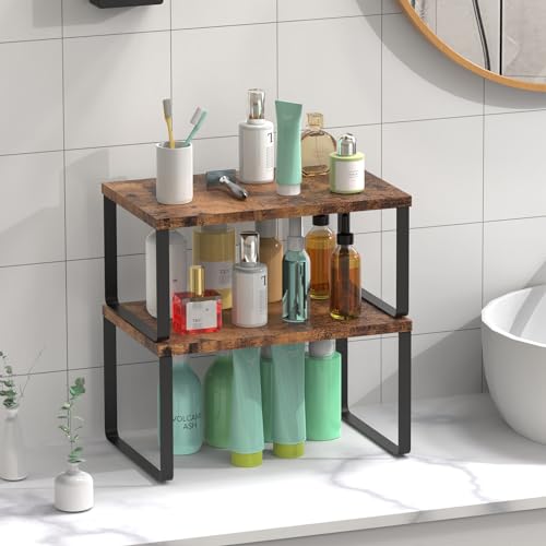 Set of 4 Counter Shelves Kitchen Stackable Cabinet Shelf Wood Organizer Expandable Counter Top Racks Brown Bathroom Counter organizer - color: Brown